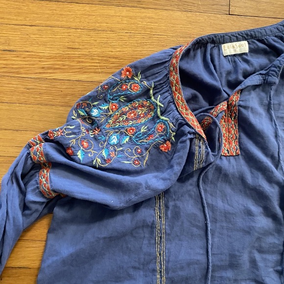 LolaSoul Shirt Womens Small Blue Boho Peasant Embroidered Tassel Tunic V Neck - Picture 4 of 12
